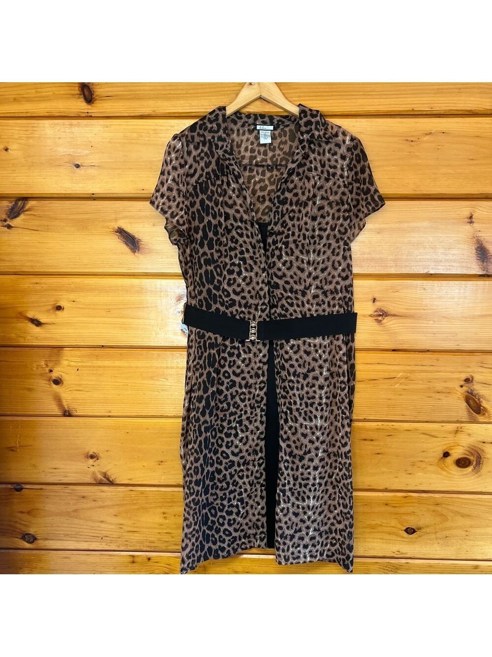 VTG BELIEVE 2 Piece Leopard Print Button Down Sheer Dress with Belt 16